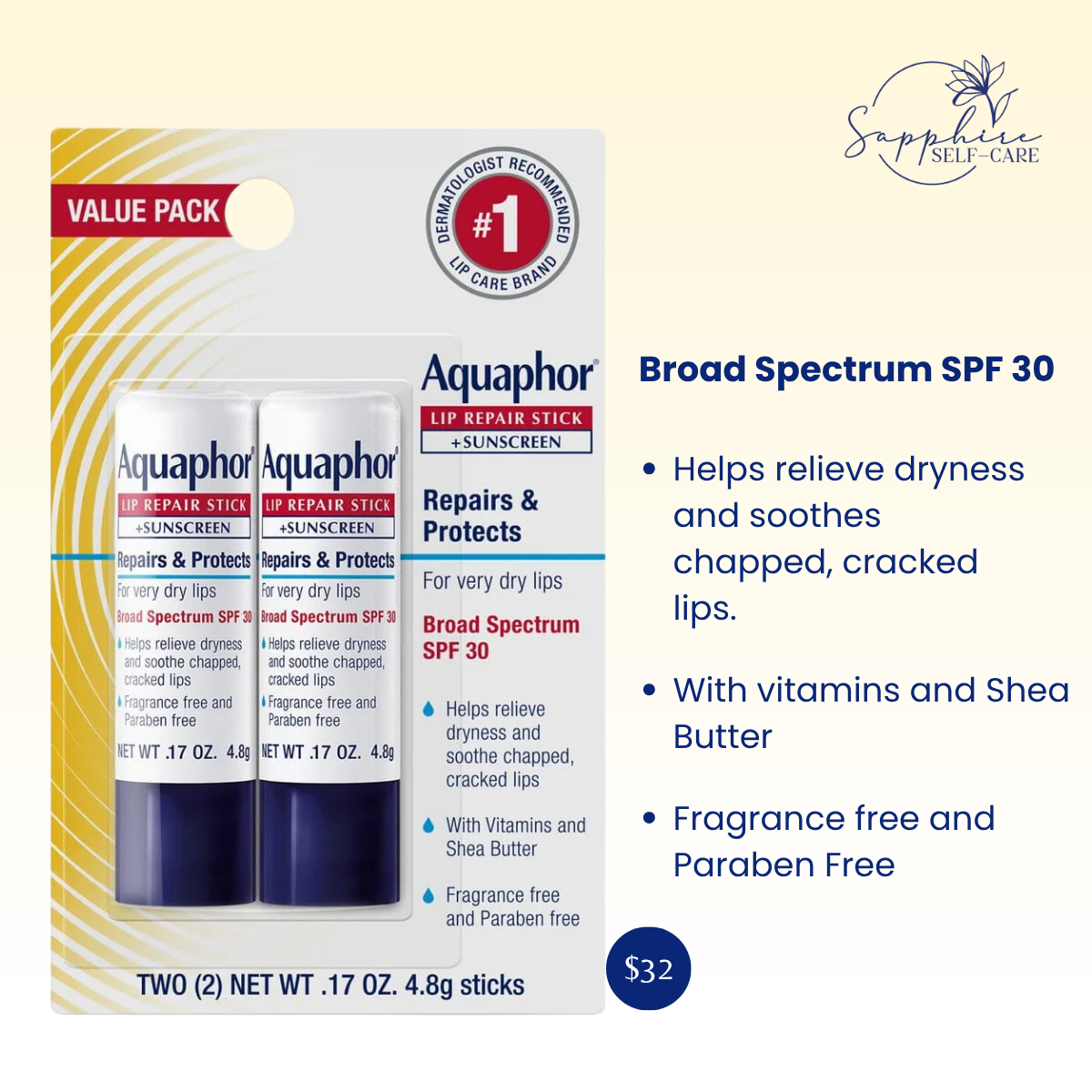 Aquaphor Lip Balm Repair Stick for Chapped Lips - SPF30 - 2pk/.34oz