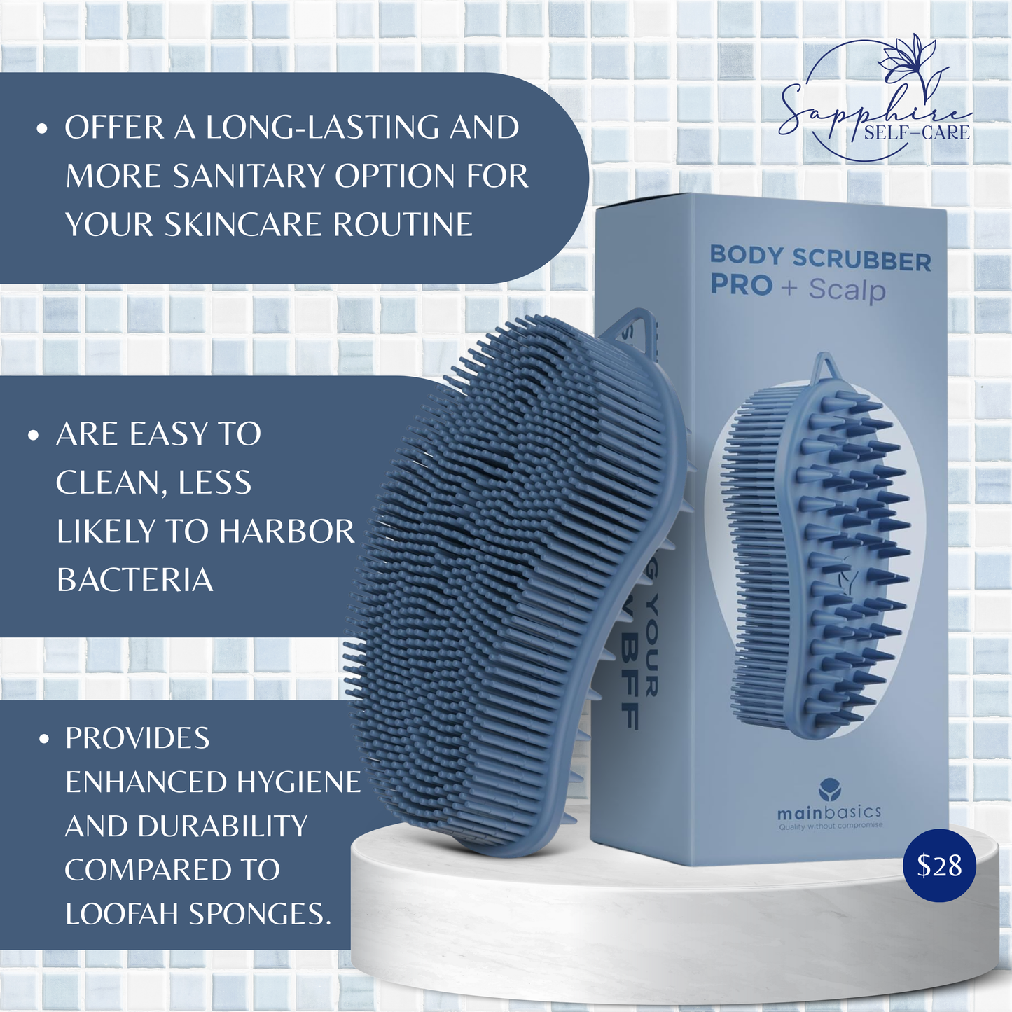 MainBasics Exfoliating Silicone Body Scrubber Pro 2-in-1 Shower Scrubber for Body & Scalp