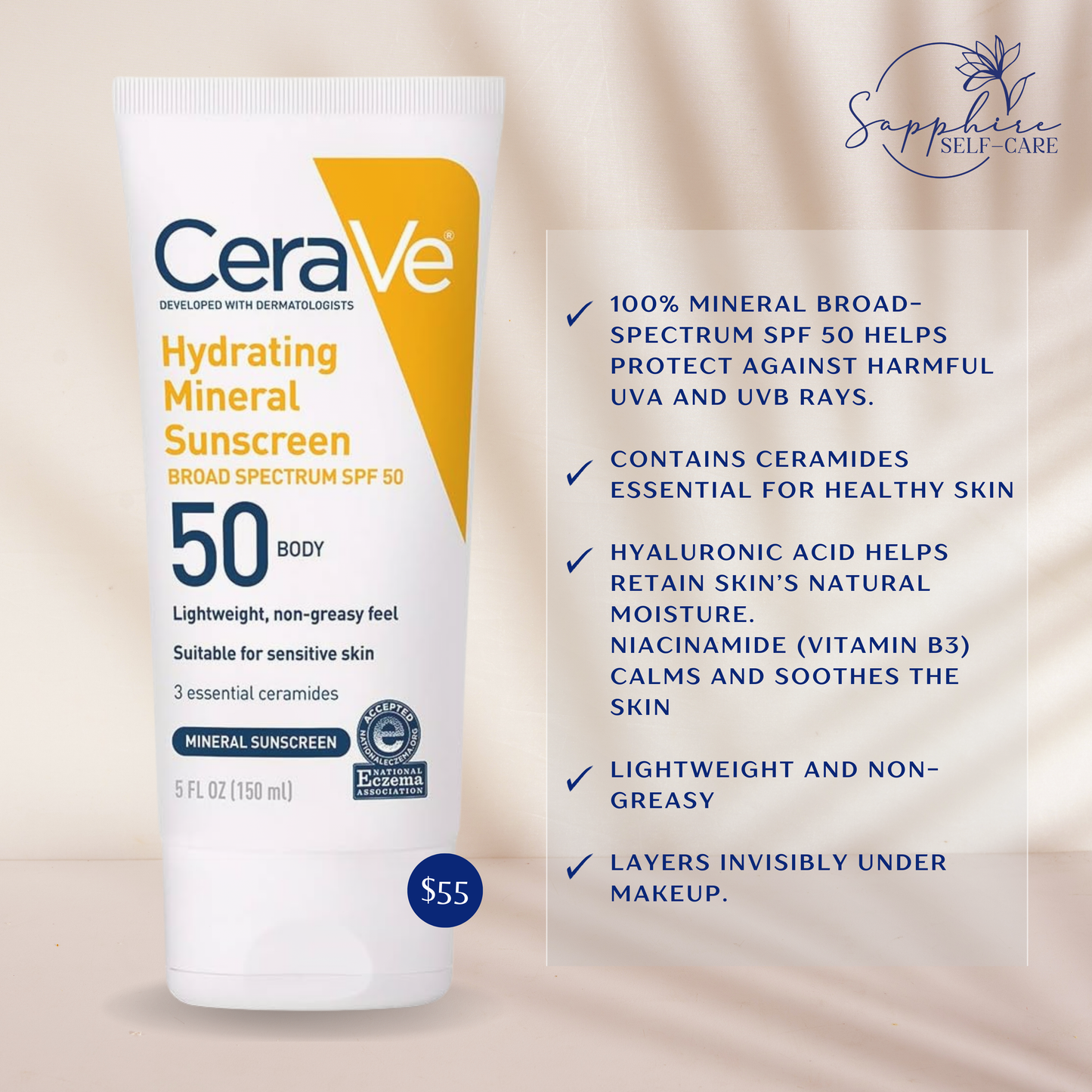 CeraVe Hydrating 100% Mineral Sunscreen for Body - SPF 50 - 5 fl oz