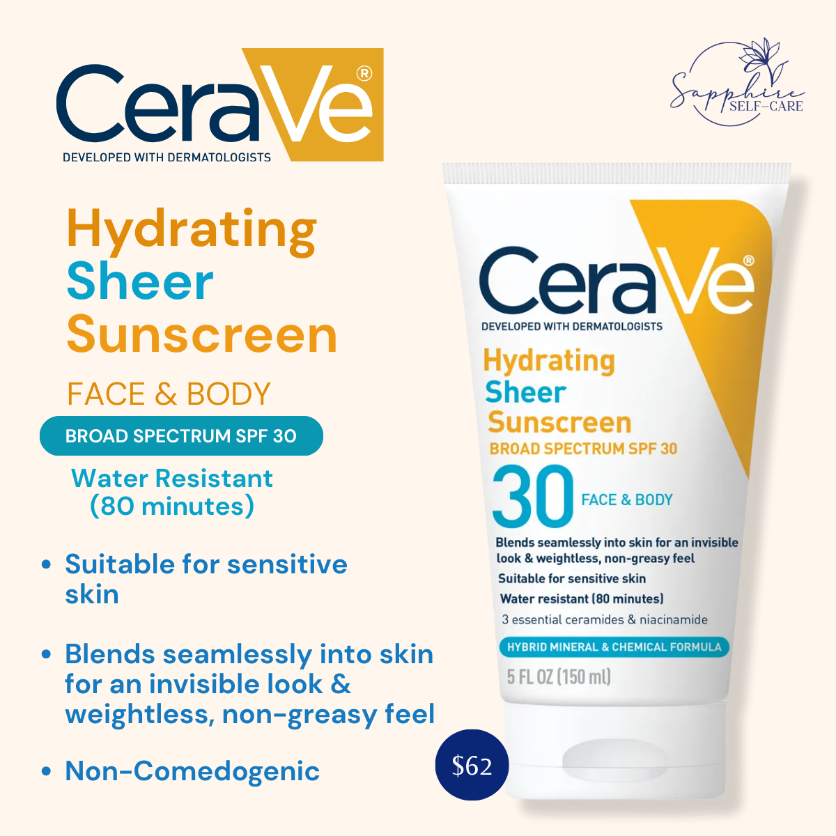 CeraVe Hydrating Sheer Sunscreen Lotion for Face and Body - SPF 30 - 5 fl.oz