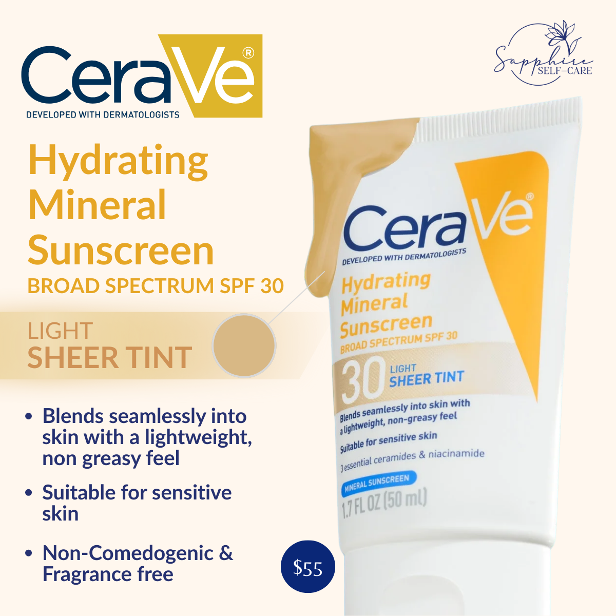 CeraVe Hydrating Mineral LIGHT Sheer Tinted Face Sunscreen Lotion - SPF 30 - 1.7 fl oz