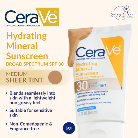 CeraVe Hydrating MEDIUM Sheer Tinted Mineral Sunscreen SPF 30 1.7oz