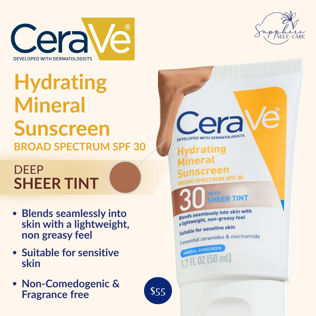 CeraVe Hydrating Mineral DEEP Sheer Tinted Face Sunscreen Lotion - SPF 30 - 1.7 fl oz
