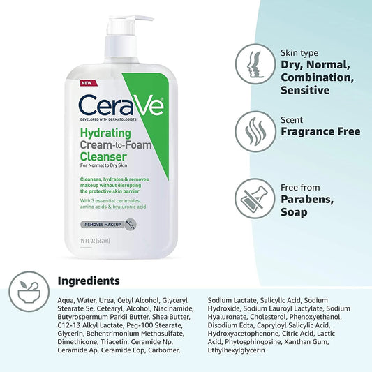 CeraVe Hydrating Cream To Foam Cleanser, Face Wash for Dry Skin - 19oz