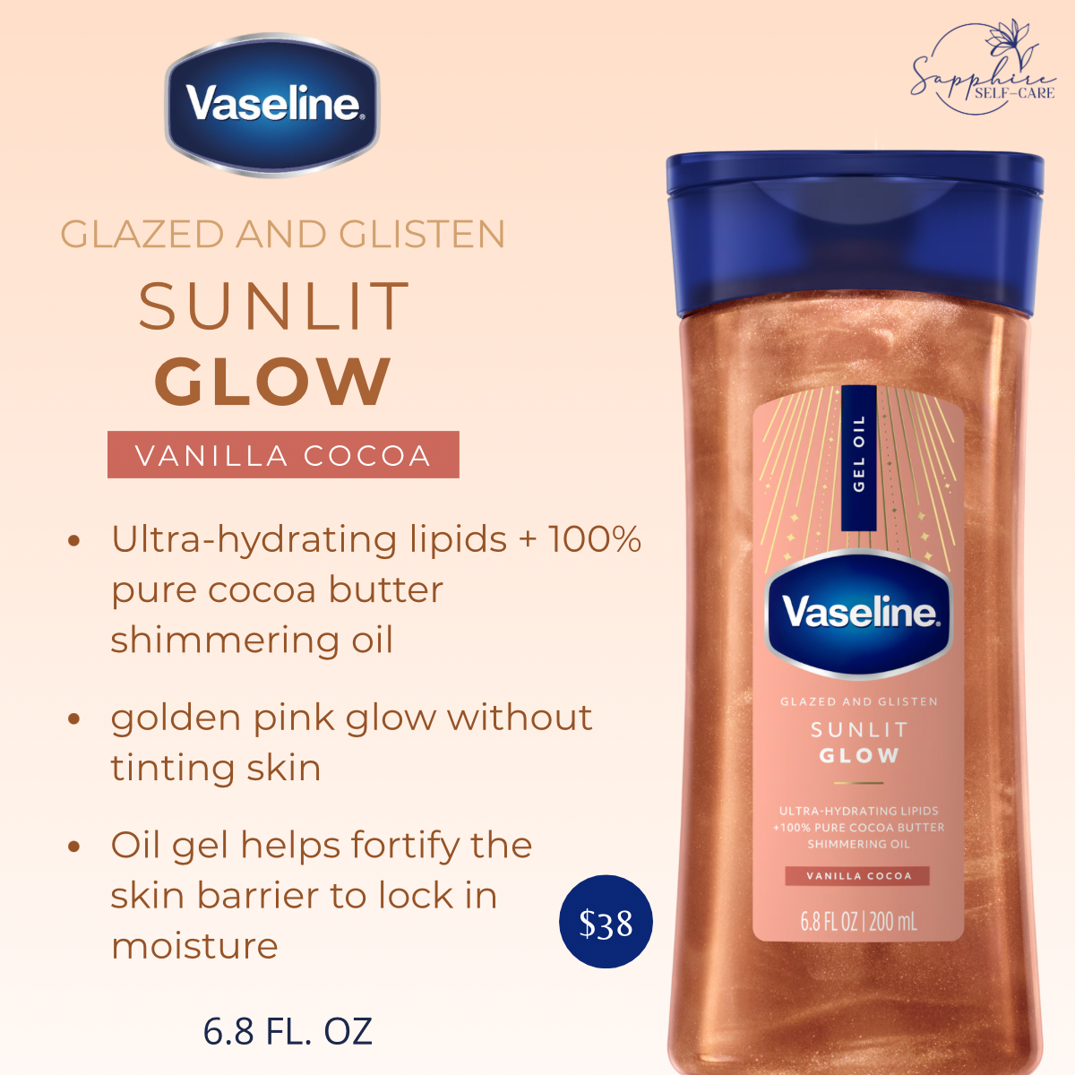 Vaseline Glazed & Glisten Vanilla Cocoa Shimmering Gel Body Oil - Sunlit Glow - 6.8 fl oz