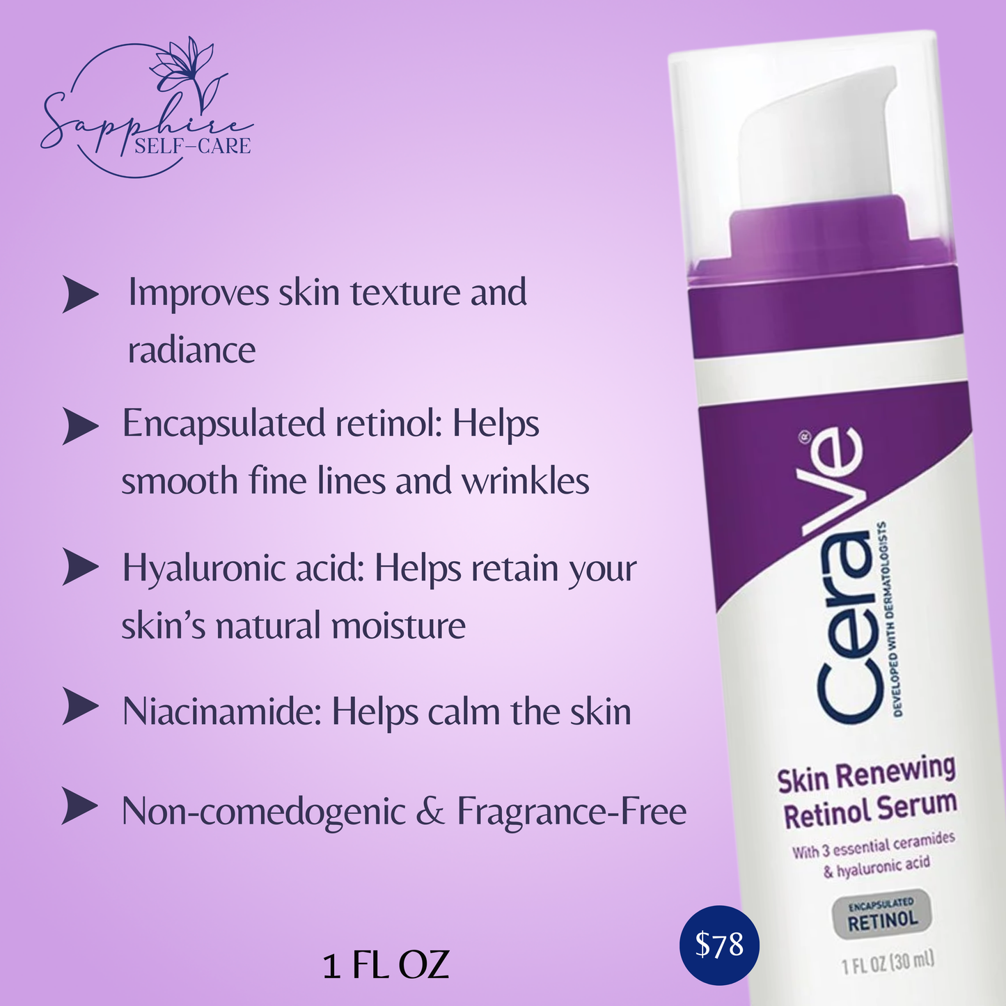 CeraVe Skin Renewing Retinol Face Serum for Fine Lines and Wrinkles 1 FL OZ