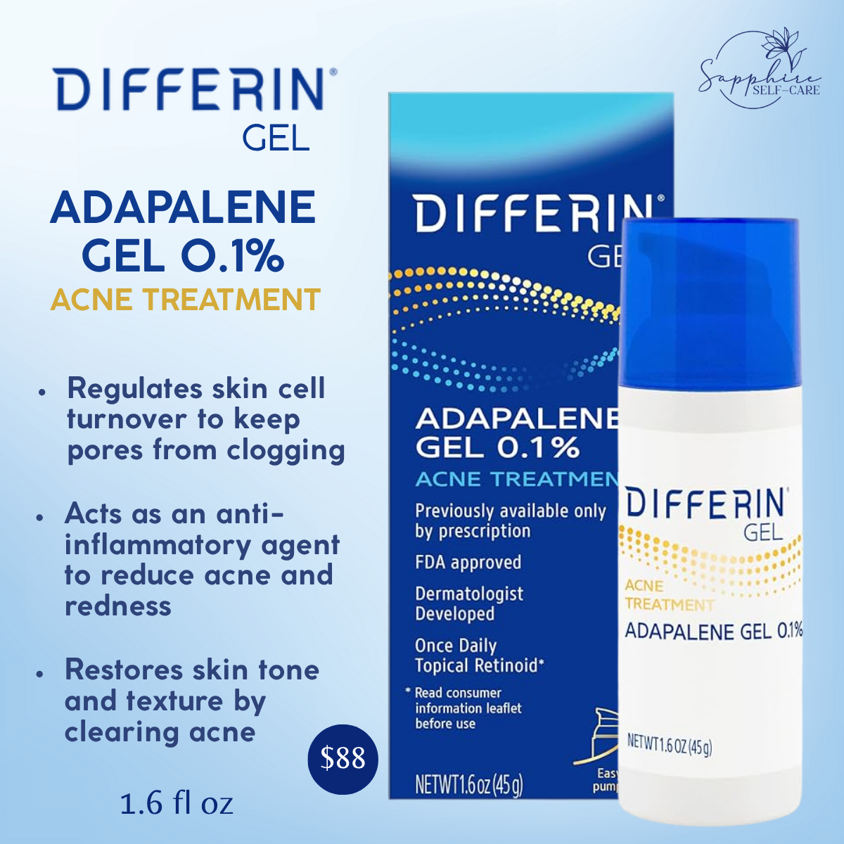 Differin Adapalene Gel 0.1% Acne Treatment - 1.6 oz PUMP