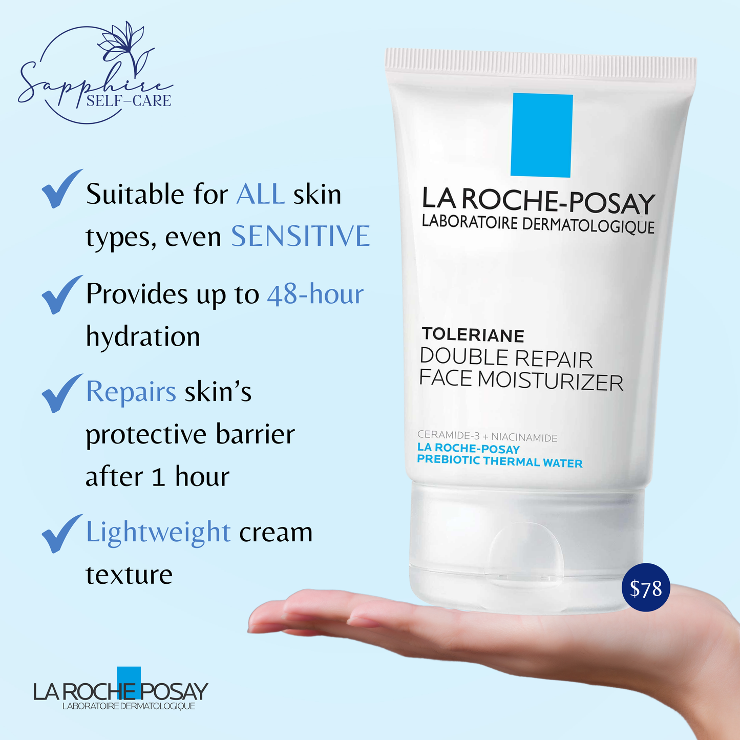 La Roche Posay Toleriane Double Repair Face Moisturizer with Ceramide and Niacinamide 3.38 FL OZ