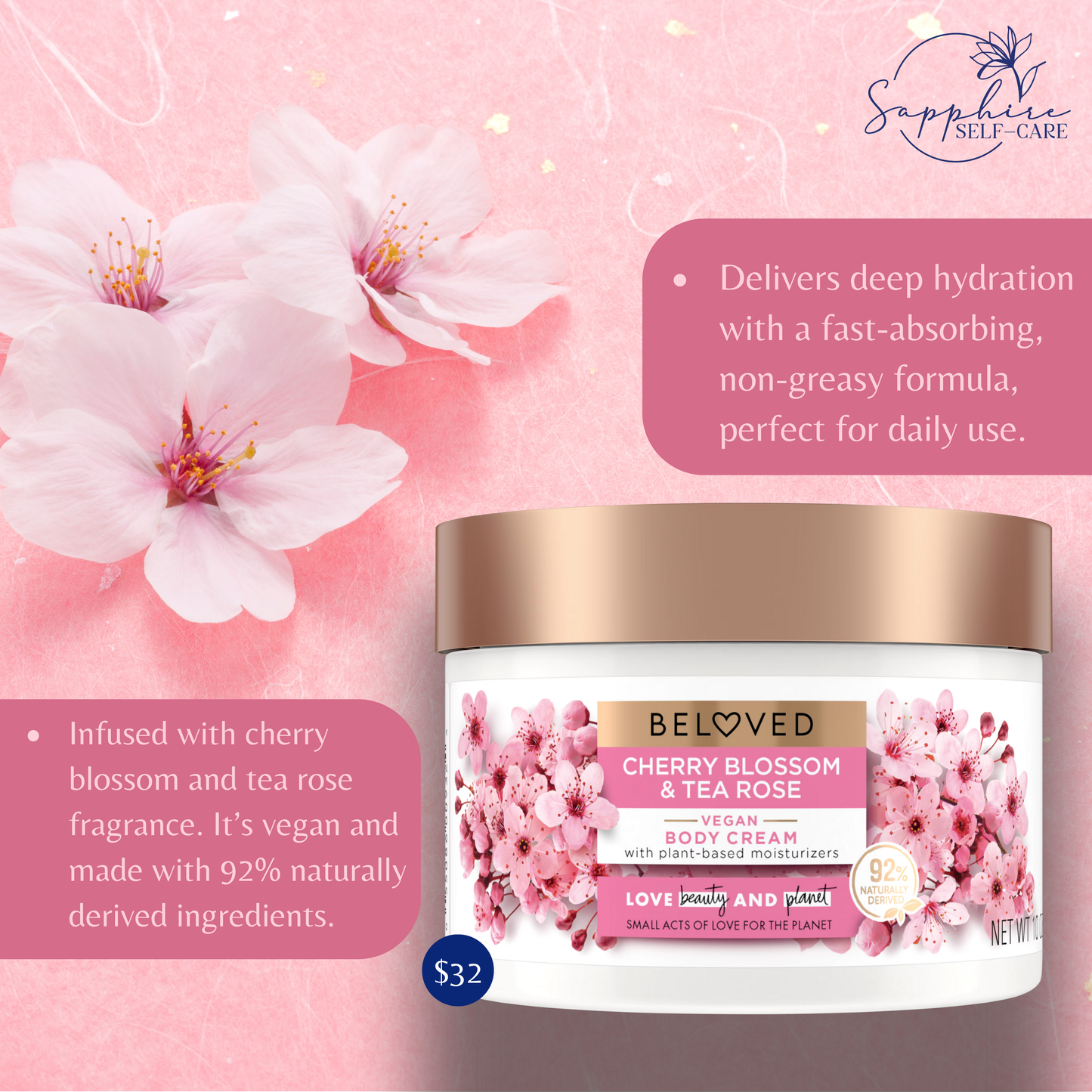 Beloved Cherry Blossom & Tea Rose Body Cream 10 FL OZ