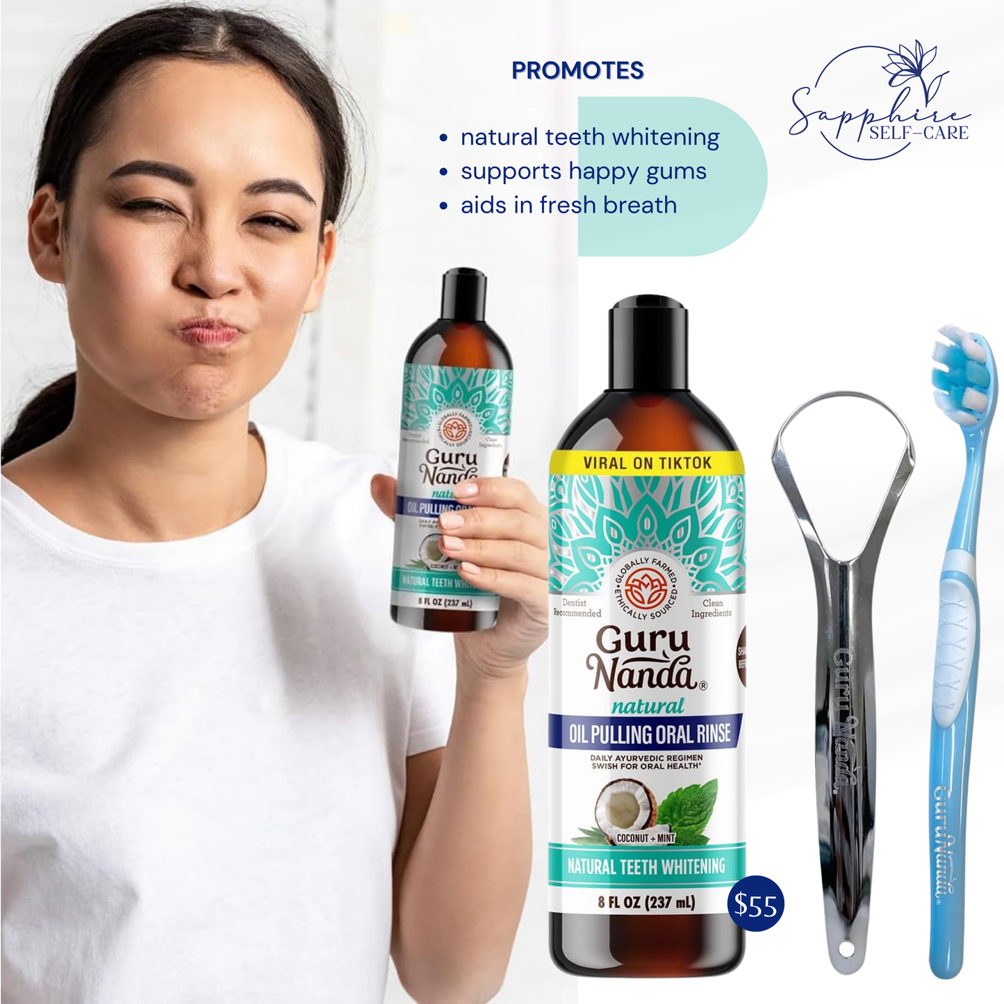 GuruNanda Coconut Oil Pulling, Fresh Breath & Whitening Mouthwash - 8 oz