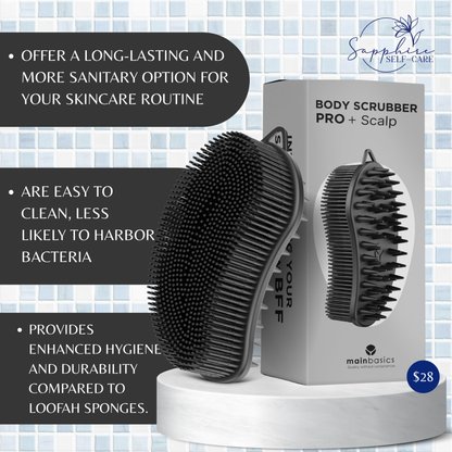 MainBasics Exfoliating Silicone Body Scrubber Pro 2-in-1 Shower Scrubber for Body & Scalp