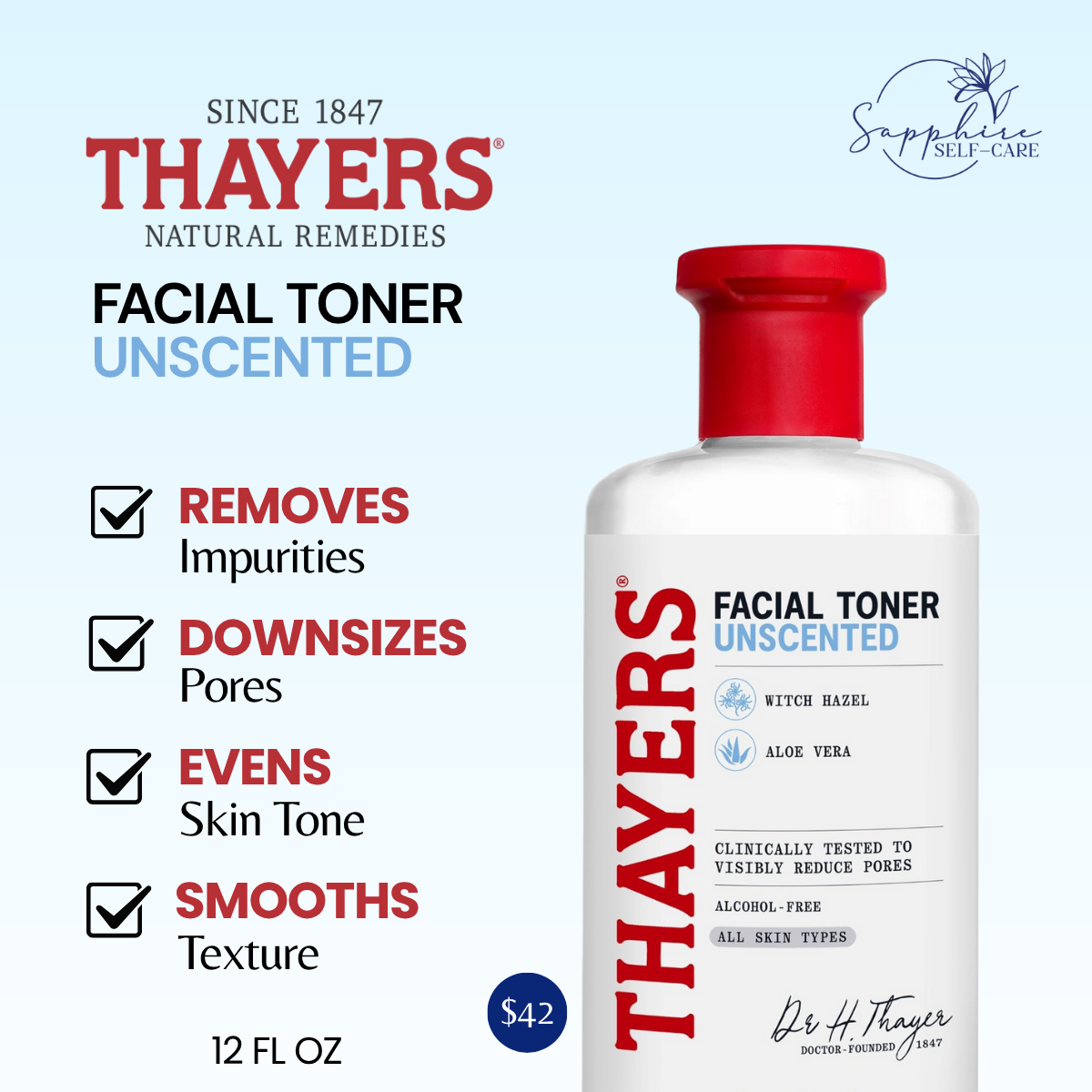Thayers Natural Remedies Witch Hazel Alcohol Free Unscented Toner 12 FL OZ
