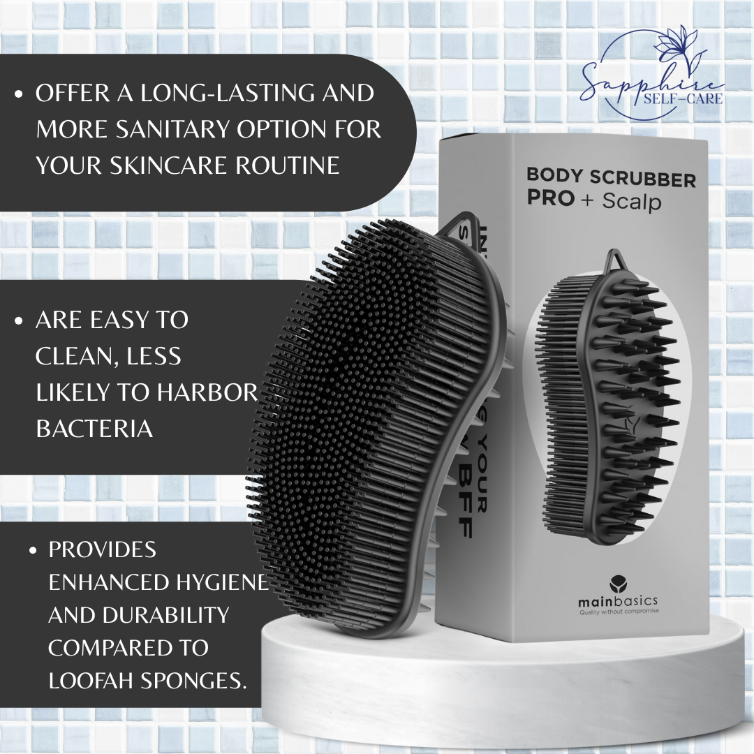 MainBasics Exfoliating Silicone Body Scrubber Pro 2-in-1 Shower Scrubber for Body & Scalp