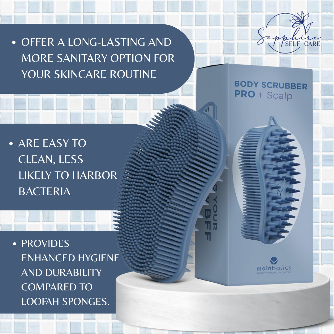MainBasics Exfoliating Silicone Body Scrubber Pro 2-in-1 Shower Scrubber for Body & Scalp