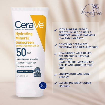 CeraVe Hydrating 100% Mineral Sunscreen for Body - SPF 50 - 5 fl oz